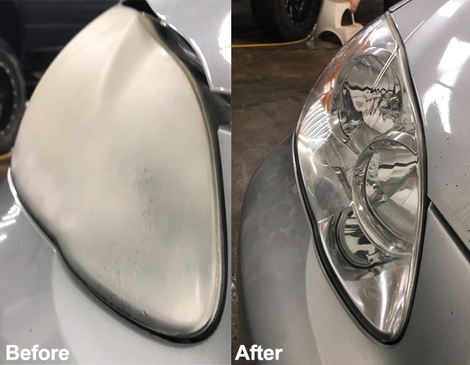 Severely oxidized headlight restored to clear